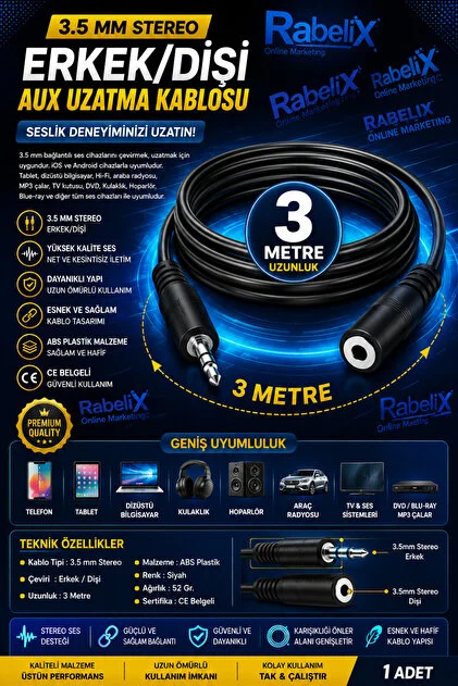 3 Metre 35MM Stereo Kulaklik AUX SES Uzatma 2