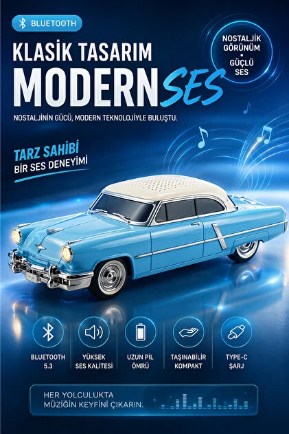 D83 Bluetooth Hoparlor Retro Klasik Araba D83 Mavi