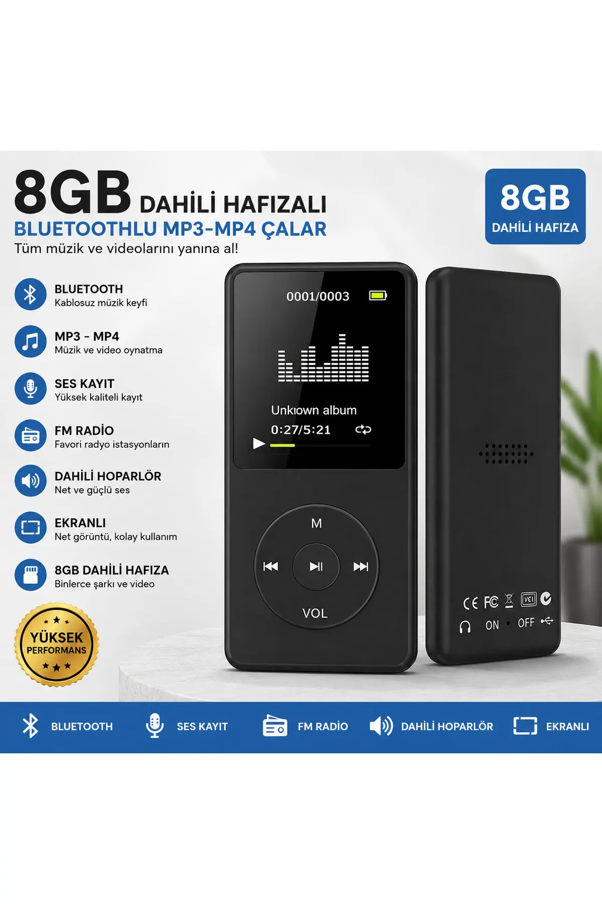 MP3 MP4 Calar 8 GB Dahili Hafizali Bluetoothlu